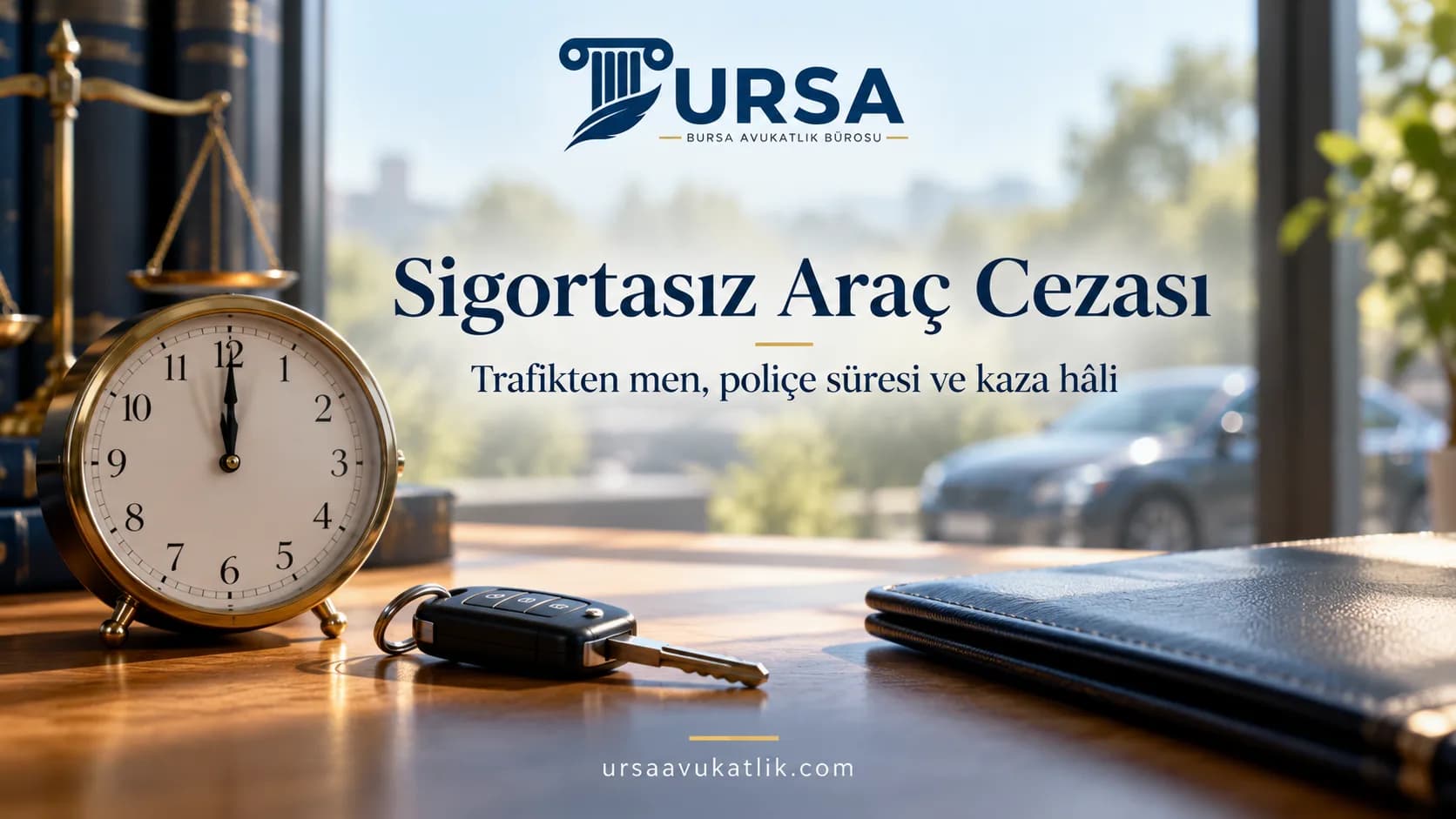 Masada öğlen 12'yi gösteren saat, araç anahtarı ve kapalı dosya ile sigortasız araç cezasını ve poliçe süresini simgeleyen kapak görseli