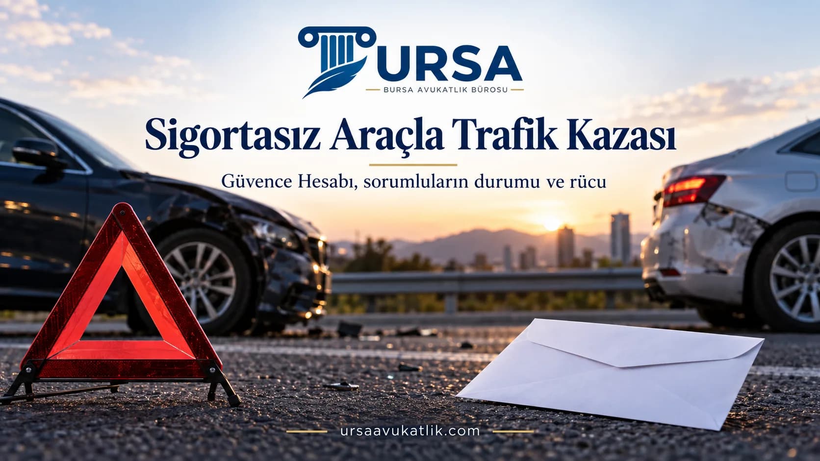 Hasarlı araçlar ve ikaz üçgeni ile sigortasız araçla trafik kazasını simgeleyen kapak görseli