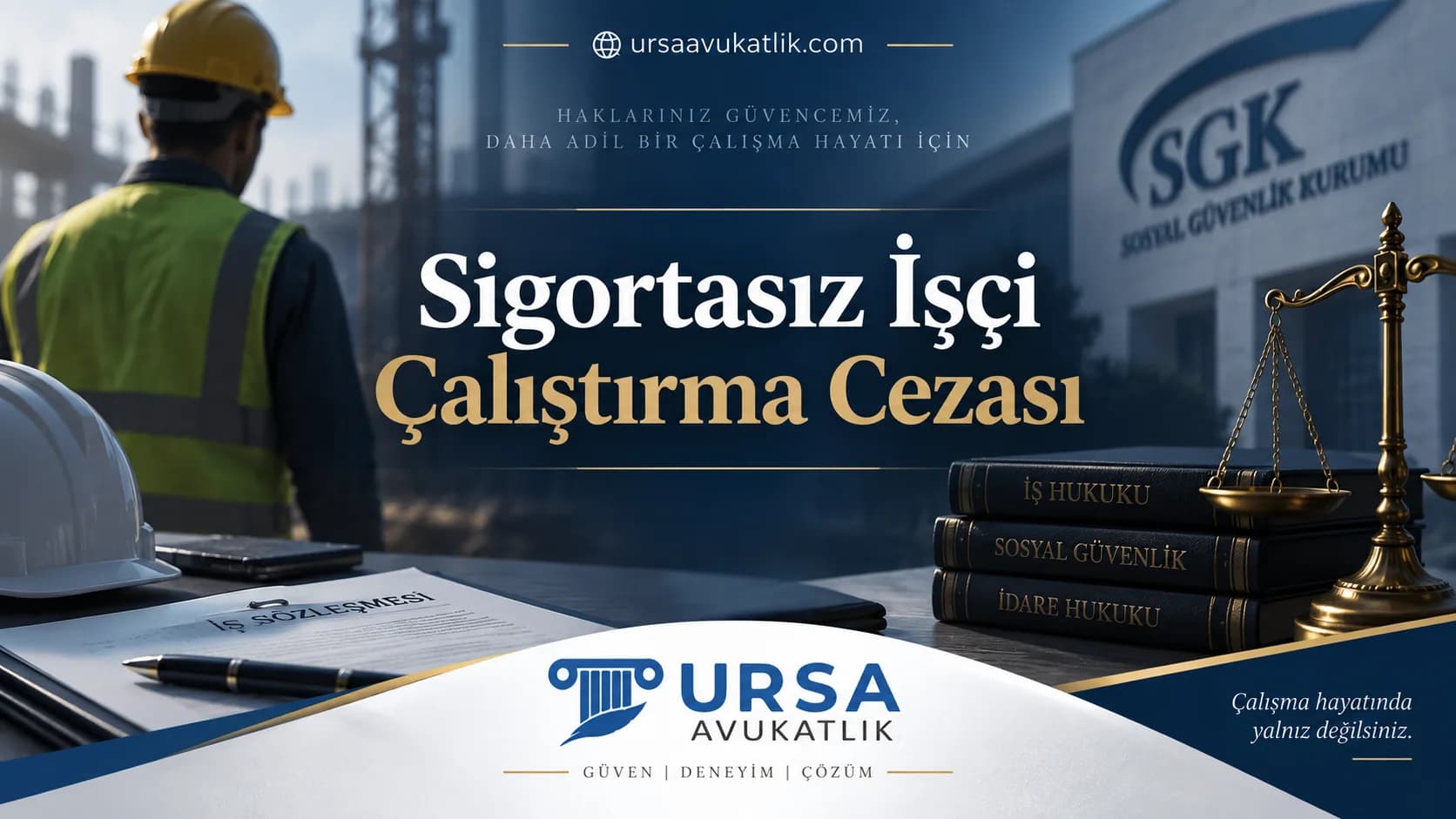 Sigortasız işçi çalıştırma cezası kapak görseli: şantiyede işçi, iş sözleşmesi, SGK binası ve hukuk kitapları