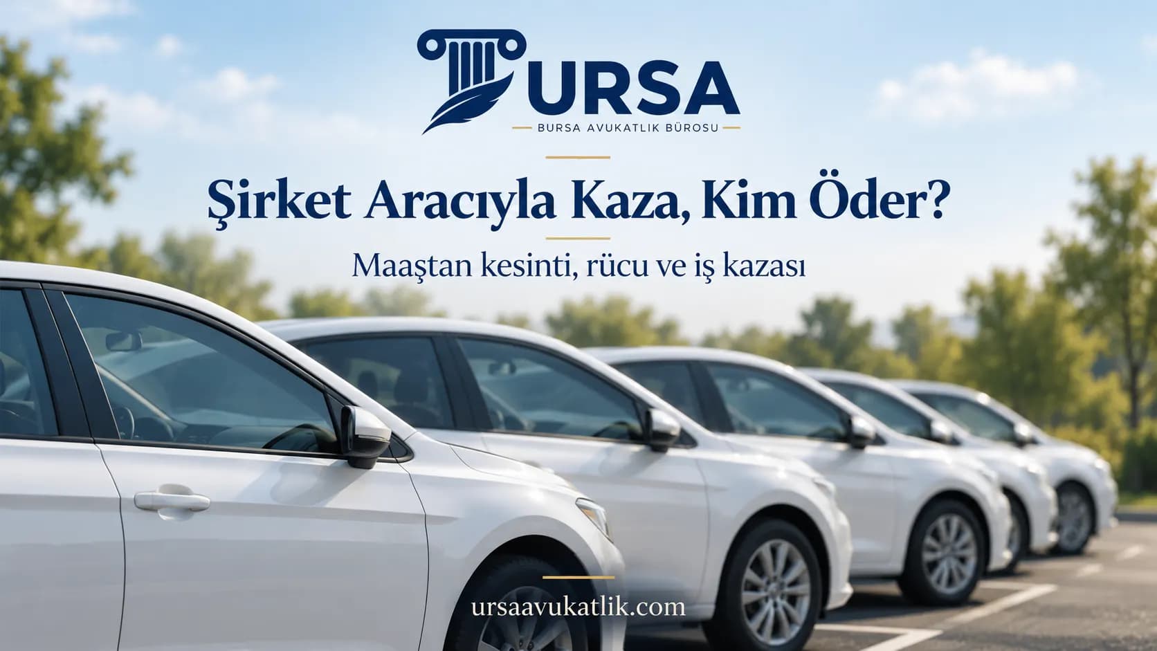 Şirket otoparkında yan yana park etmiş aynı renkteki filo araçları ile şirket aracıyla yapılan kazada sorumluluğu simgeleyen kapak görseli