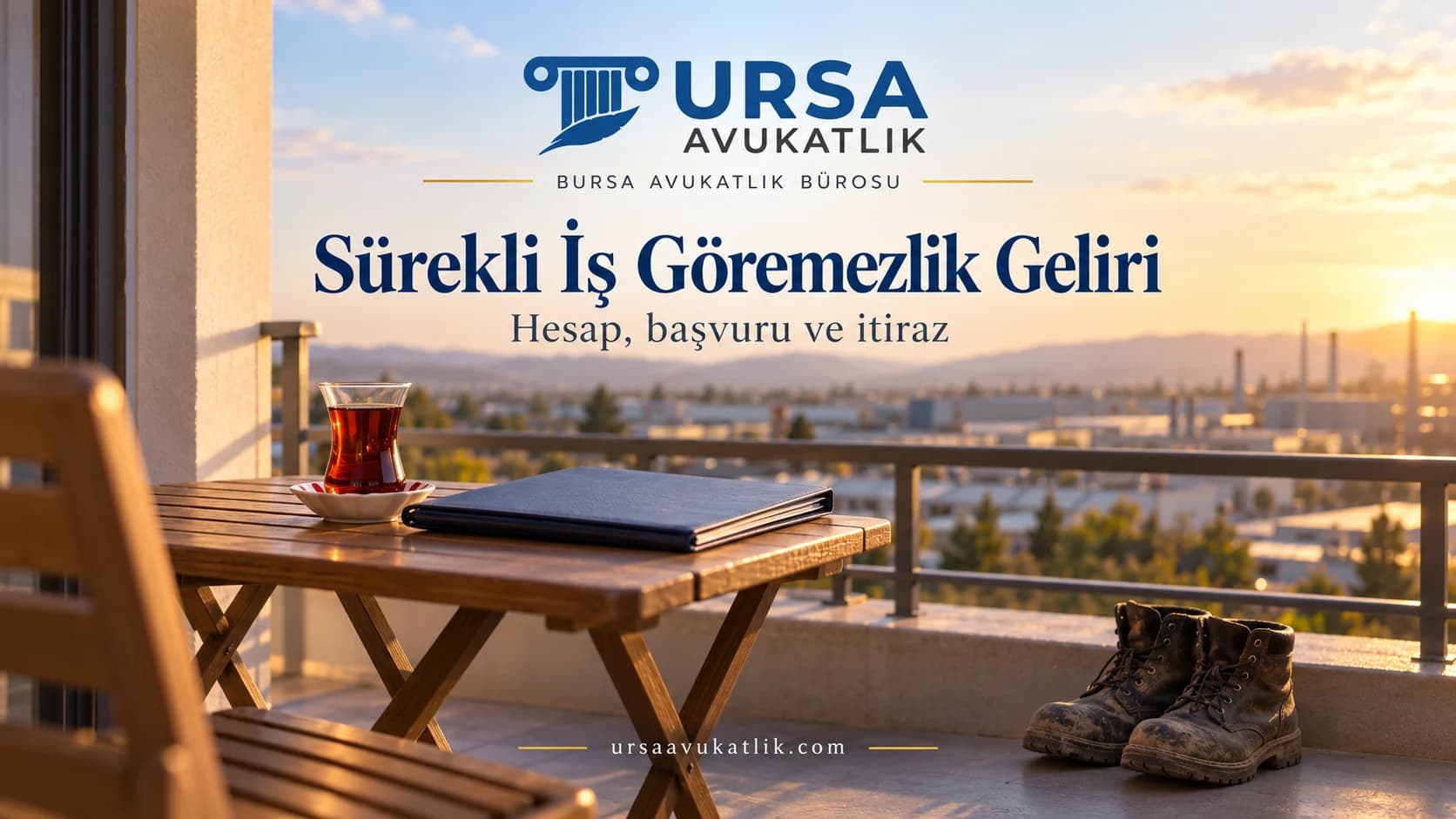 Uzakta sanayi bölgesi görünen balkonda çay bardağı, kapalı dosya ve bir çift iş botu