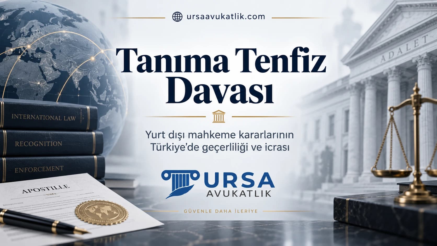Tanıma tenfiz davası kapak görseli: dünya küresi, apostil şerhli belge ve adalet terazisi