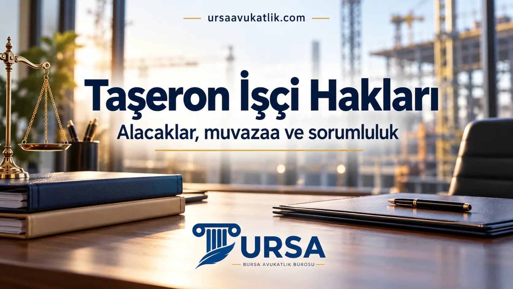 Taşeron işçi hakları, alacaklar ve muvazaa konusunu anlatan kapak: terazi, dosyalar ve şantiye