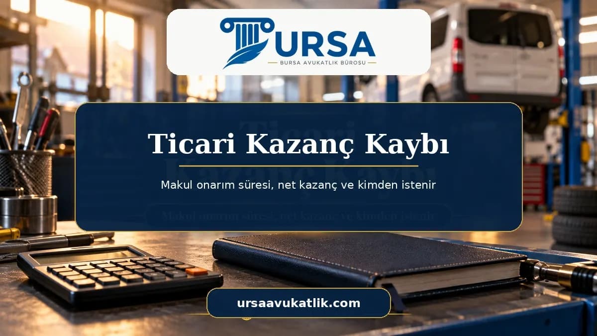 Serviste liftte bekleyen ticari minibüs ve tezgâhta hesap makinesi ile trafik kazasında ticari kazanç kaybını simgeleyen kapak görseli