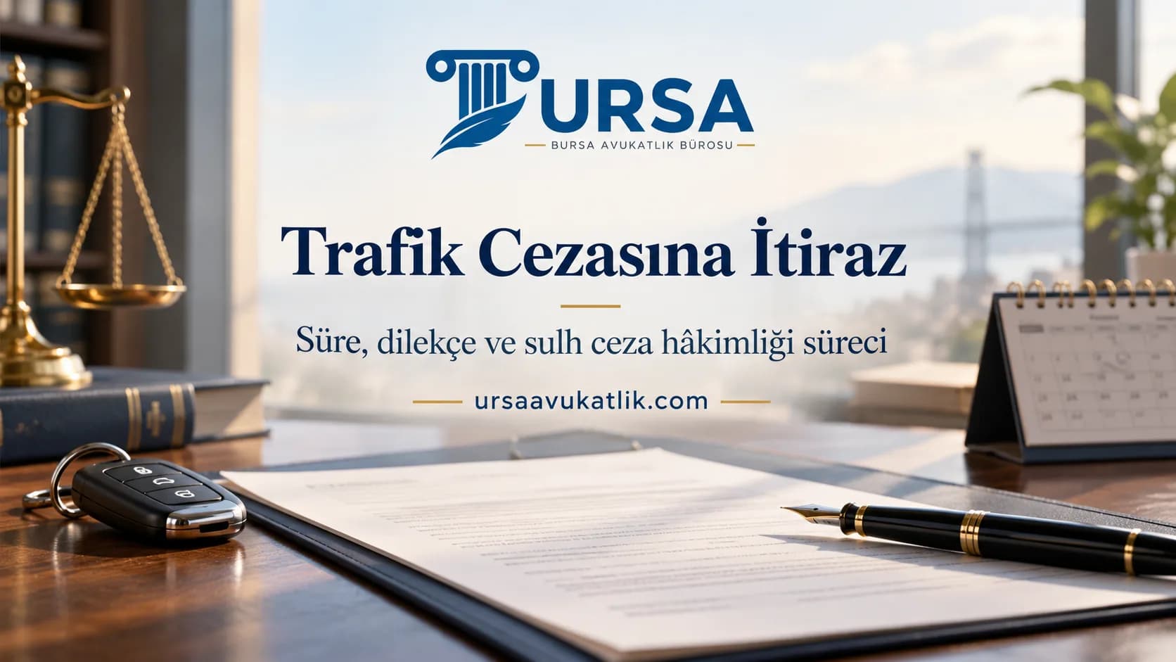 Dilekçe taslağı, kalem ve araç anahtarı ile trafik cezasına itiraz sürecini simgeleyen kapak görseli