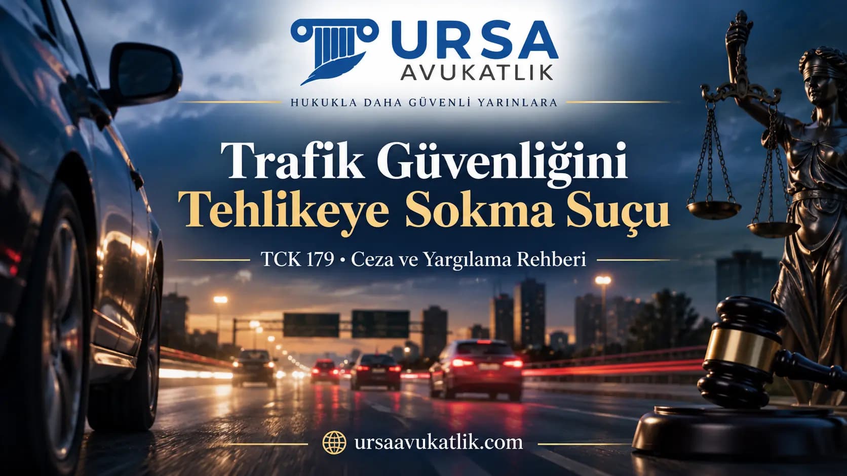 Trafik güvenliğini tehlikeye sokma suçu kapak görseli: yağmurlu gece trafiği, adalet heykeli ve tokmak