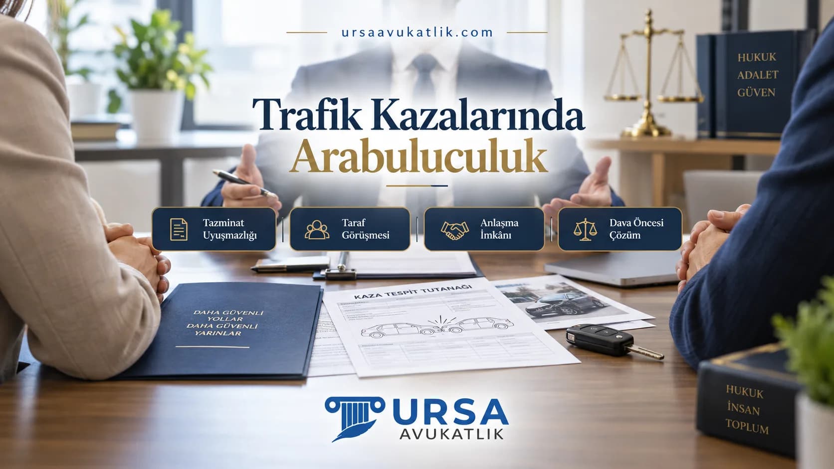 Trafik kazası tazminat uyuşmazlığında arabuluculuk görüşmesini simgeleyen kapak görseli