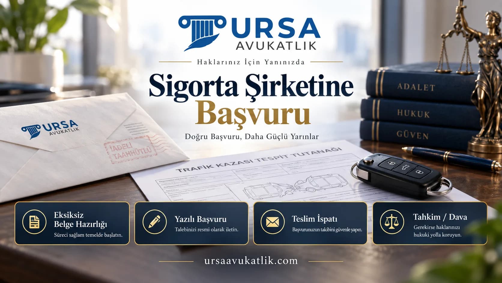Zarf, kaza tespit tutanağı ve araç anahtarı ile trafik kazasında sigorta şirketine başvuruyu simgeleyen kapak görseli