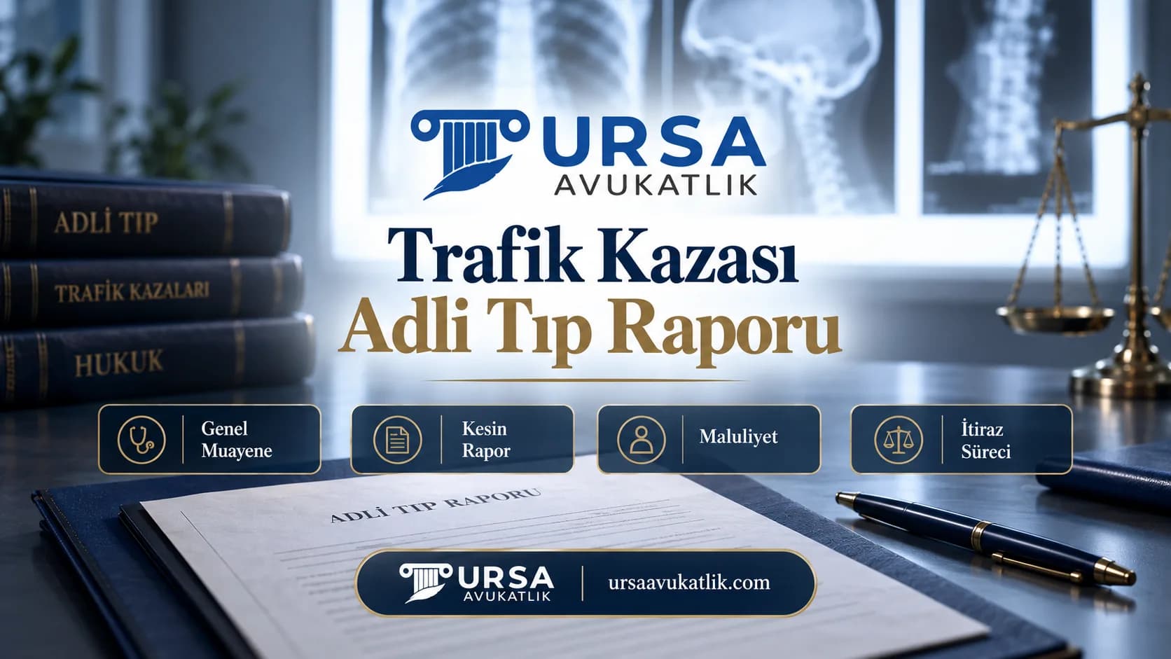 Röntgen panosu ve rapor dosyası ile trafik kazası adli tıp raporunu simgeleyen kapak görseli