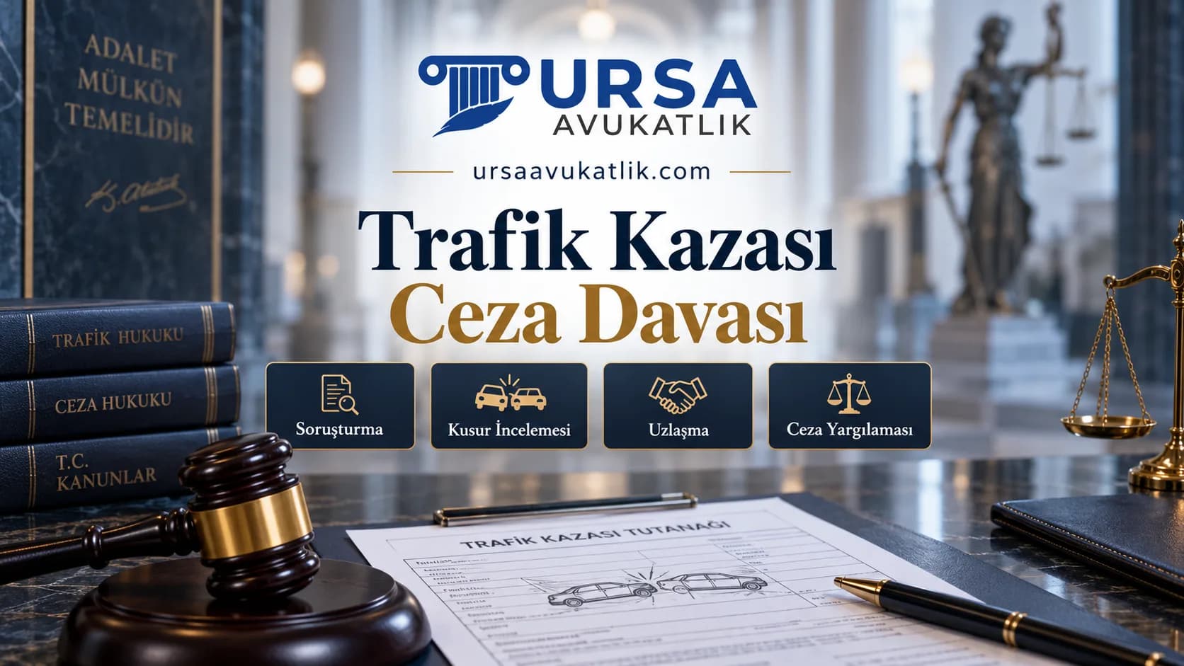 Hâkim tokmağı ve adliye koridoru ile trafik kazası ceza davasını simgeleyen kapak görseli