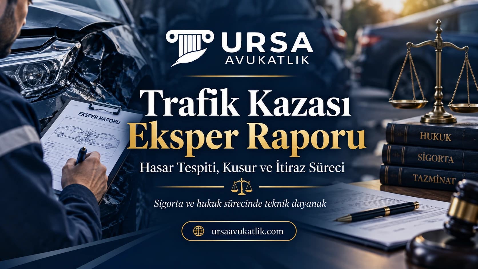 Trafik kazası eksper raporu kapak görseli: hasarlı araç başında rapor dolduran eksper, hukuk ve sigorta kitapları