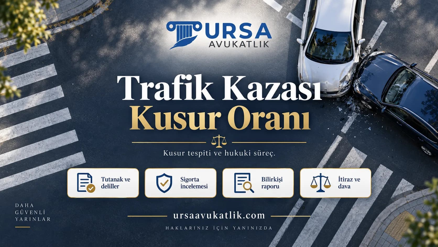 Kavşakta çarpışmış iki aracın üstten görünümü ile trafik kazası kusur oranını simgeleyen kapak görseli