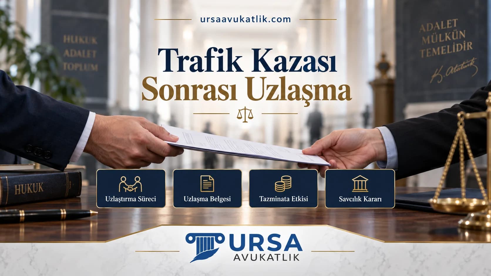 Trafik kazası sonrası ceza uzlaşmasını simgeleyen masada belge ve karşılıklı eller kapak görseli