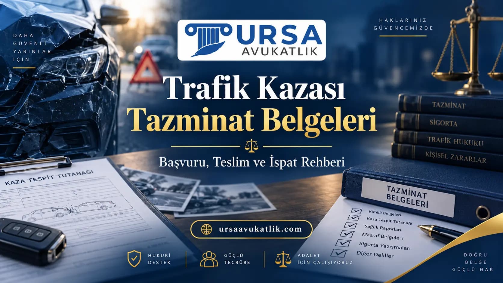Trafik kazası tazminat belgeleri kapak görseli: hasarlı araç, kaza tespit tutanağı ve tazminat belgeleri dosyası