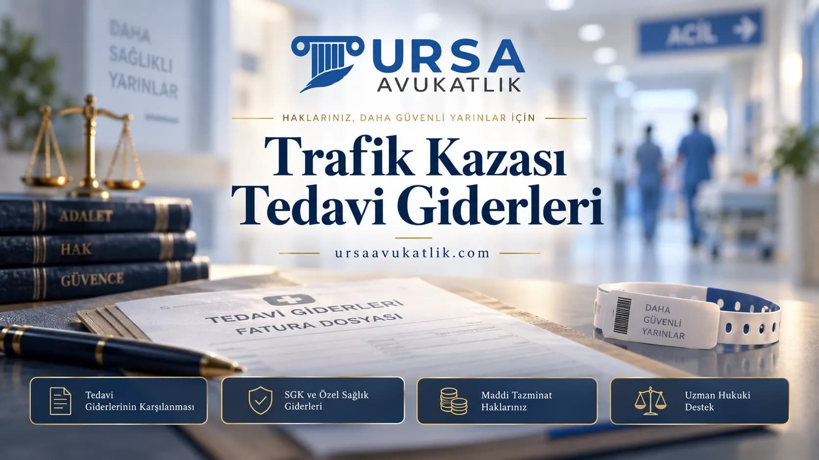 Hastane koridoru ve fatura dosyası ile trafik kazası tedavi giderlerini simgeleyen kapak görseli