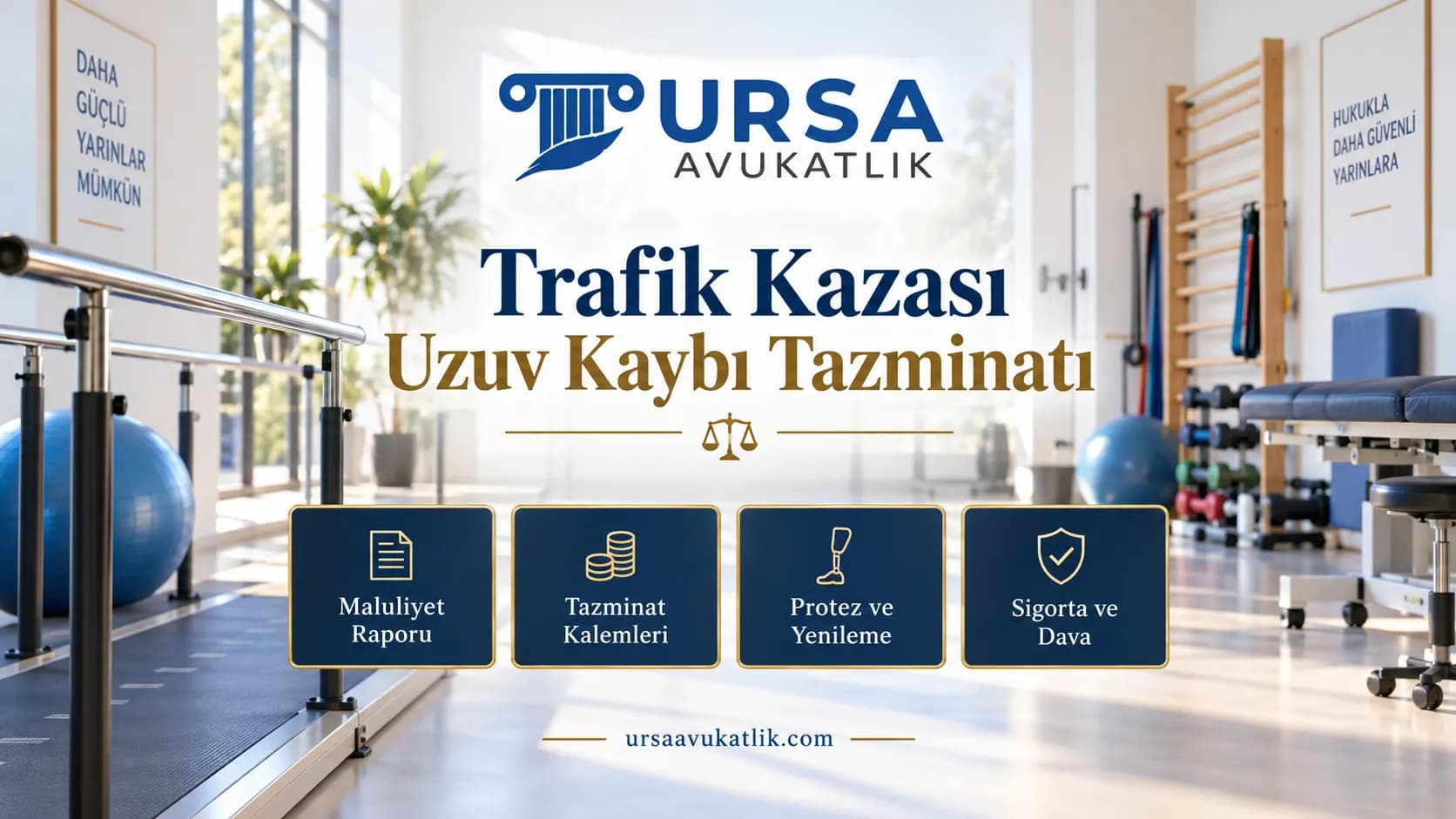 Fizik tedavi salonu ile trafik kazası sonrası uzuv kaybı tazminatı sürecini simgeleyen kapak görseli