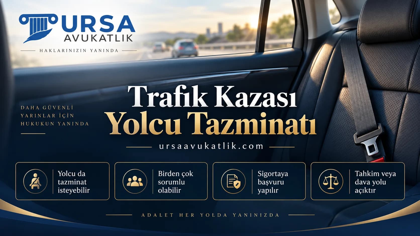 Araç arka koltuğu ve emniyet kemeri ile trafik kazasında yolcu tazminatını simgeleyen kapak görseli