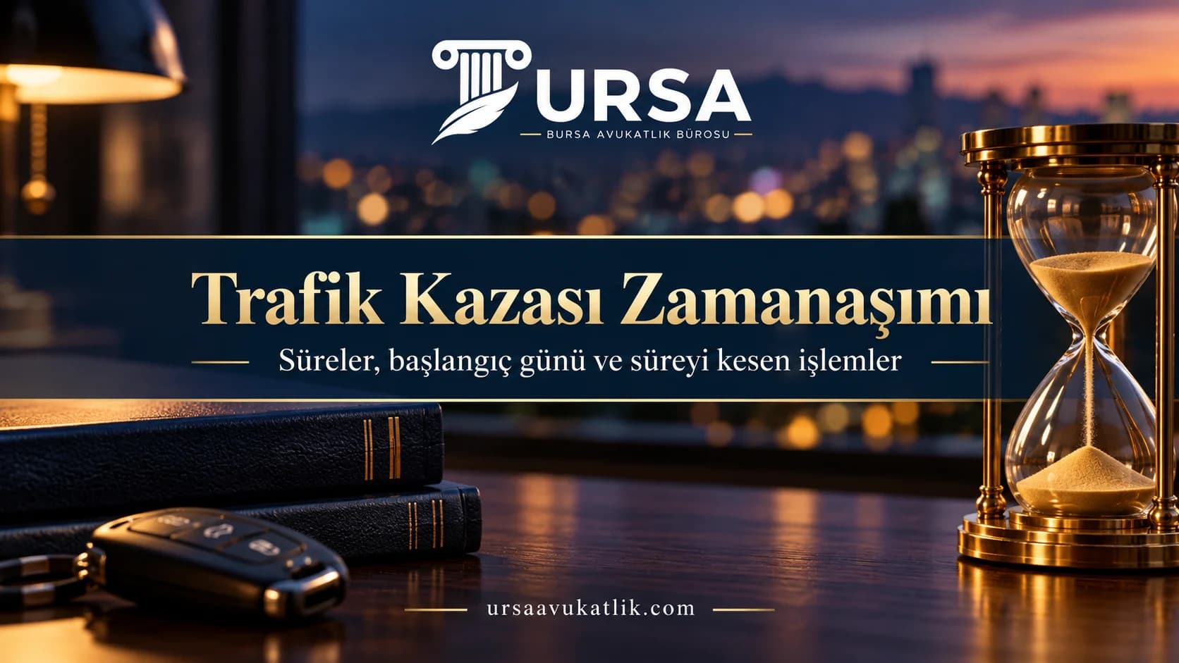 Masada kum saati ve kapalı dosyalar ile trafik kazası tazminat taleplerinde zamanaşımını simgeleyen kapak görseli