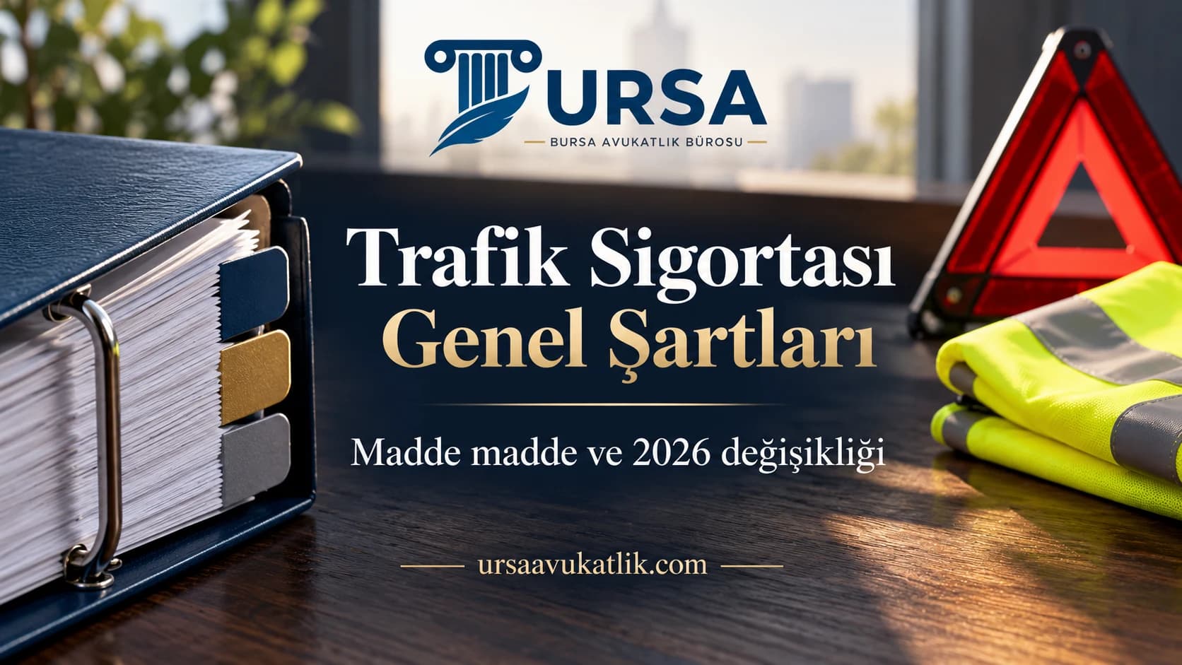 Masada renkli sekme ayraçlı halkalı klasör, ikaz yeleği ve ikaz üçgeni ile trafik sigortası genel şartlarını simgeleyen kapak görseli