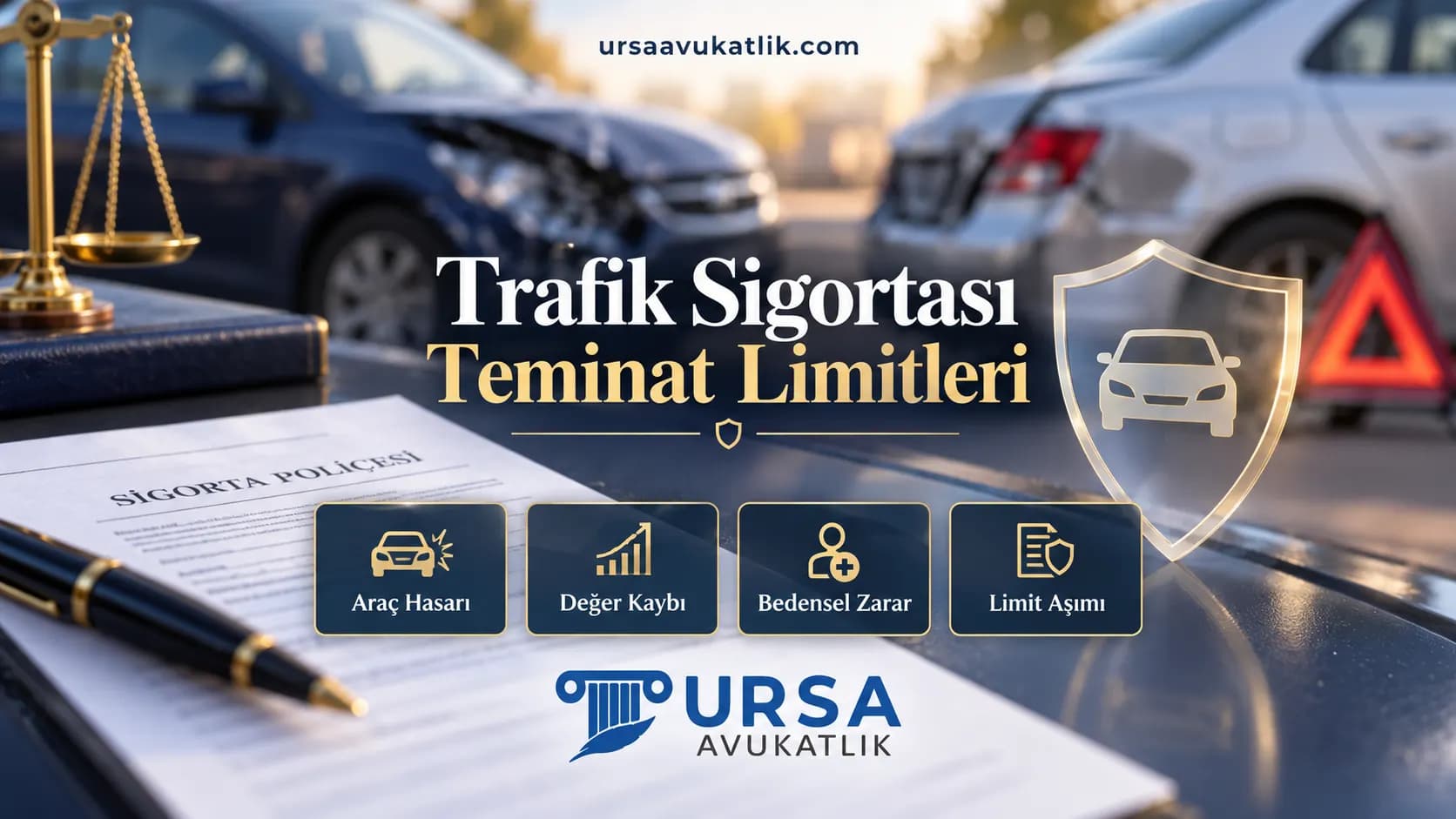 Hasarlı araçlar ve sigorta poliçesi ile trafik sigortası teminat limitlerini simgeleyen kapak görseli