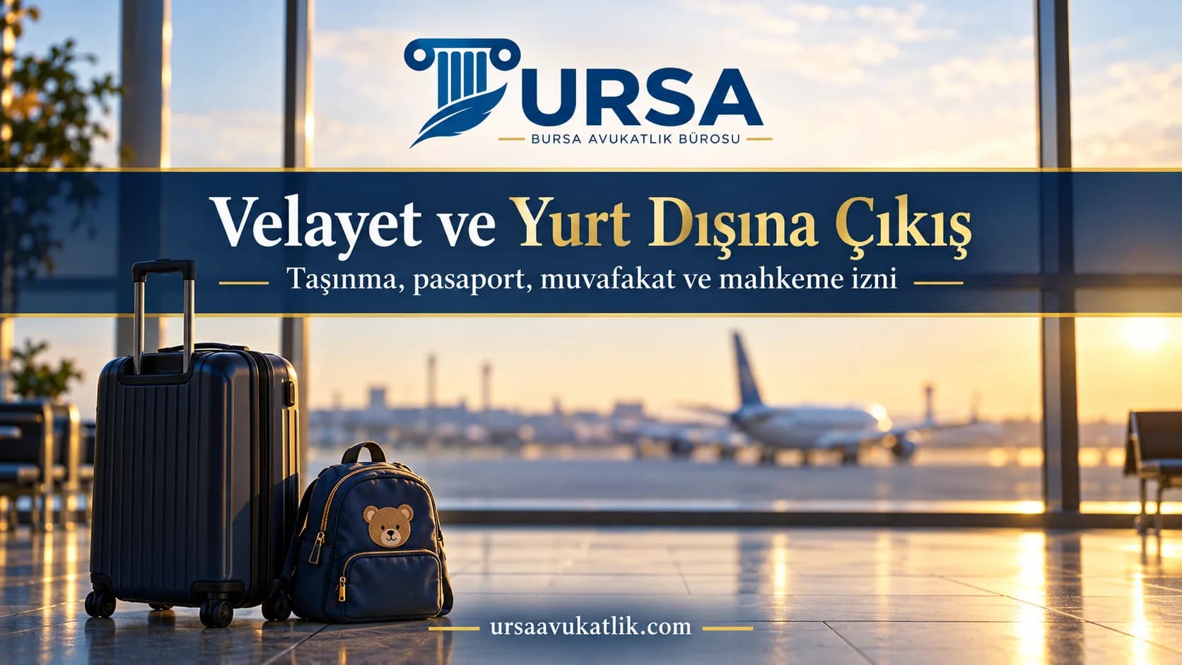 Havalimanında bırakılmış çocuk sırt çantası ve bavul ile velayette taşınma ve yurt dışına çıkış konusunu simgeleyen kapak görseli
