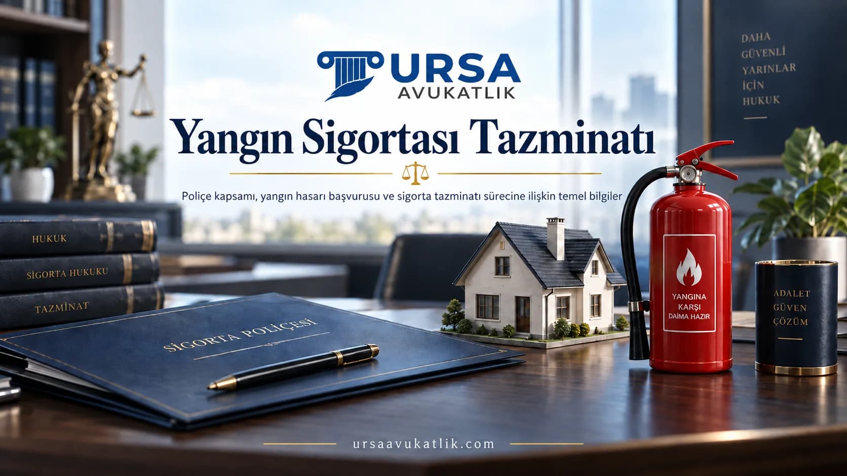 Sigorta poliçesi, ev maketi ve yangın söndürücü ile yangın sigortası tazminatını simgeleyen kapak görseli