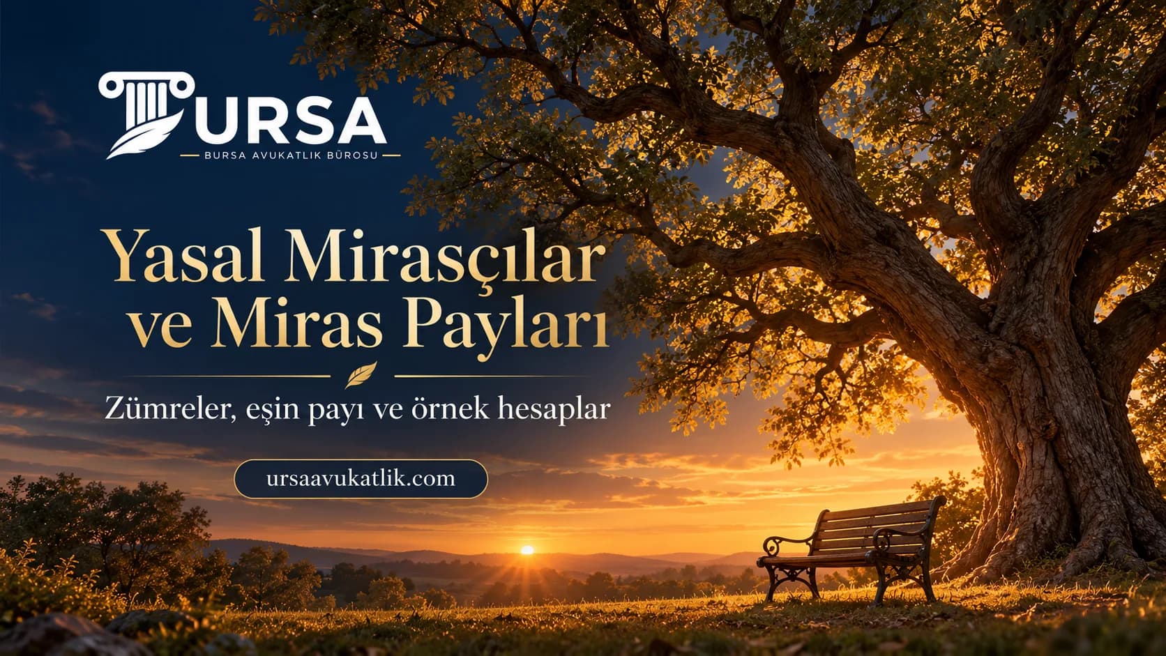 Gün batımında bahçedeki yaşlı ceviz ağacı ve altındaki boş bank ile yasal mirasçıları ve miras paylarını simgeleyen kapak görseli