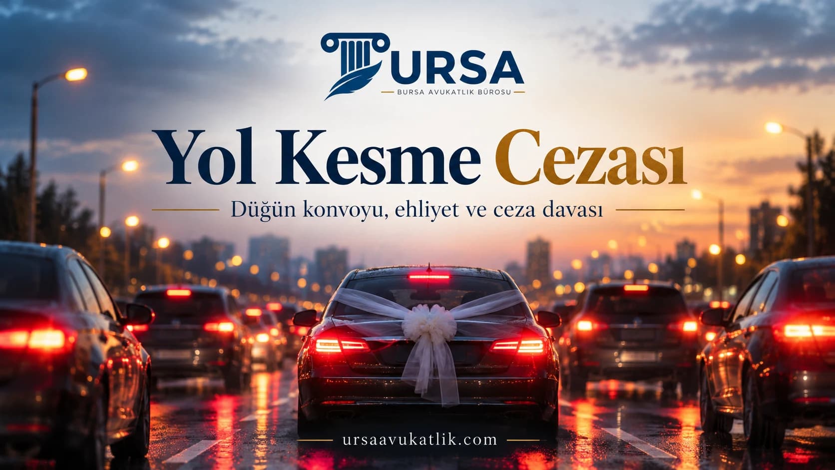 Şeritleri kaplayarak duran, öndekinde beyaz kurdele süsü olan araçlar ile düğün konvoyunda yol kesme cezasını simgeleyen kapak görseli