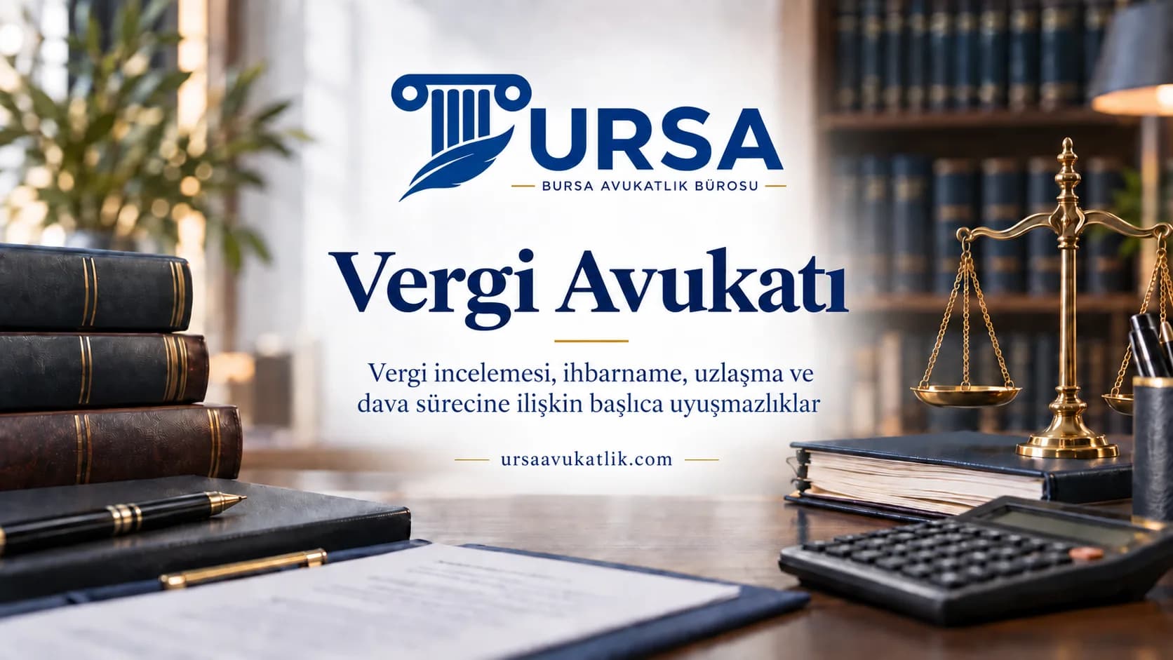 Vergi dosyaları, hesap makinesi ve adalet terazisiyle çalışma masası