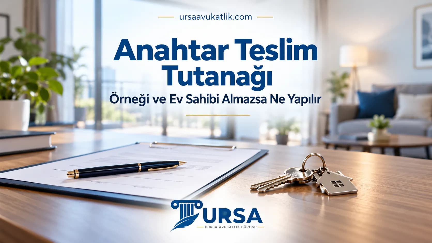 Anahtar teslim tutanağı örneği için masa üzerinde belge, kalem ve ev şeklinde anahtarlık
