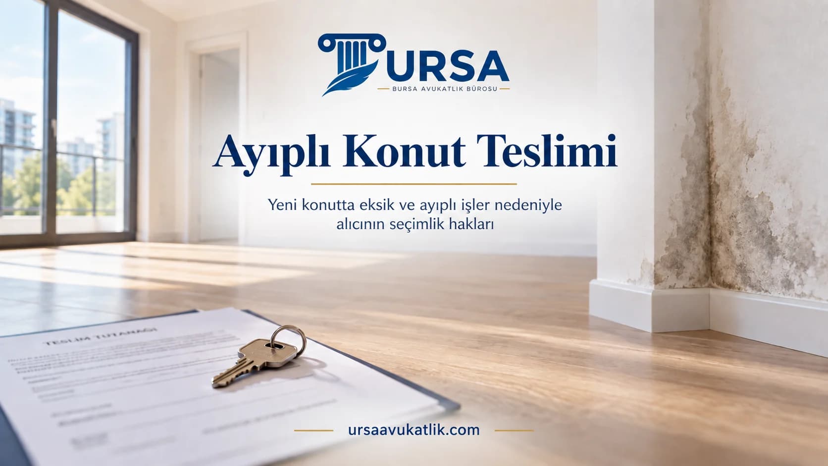 Yeni dairede nem lekesi ve anahtar ile ayıplı konut teslimini simgeleyen kapak görseli