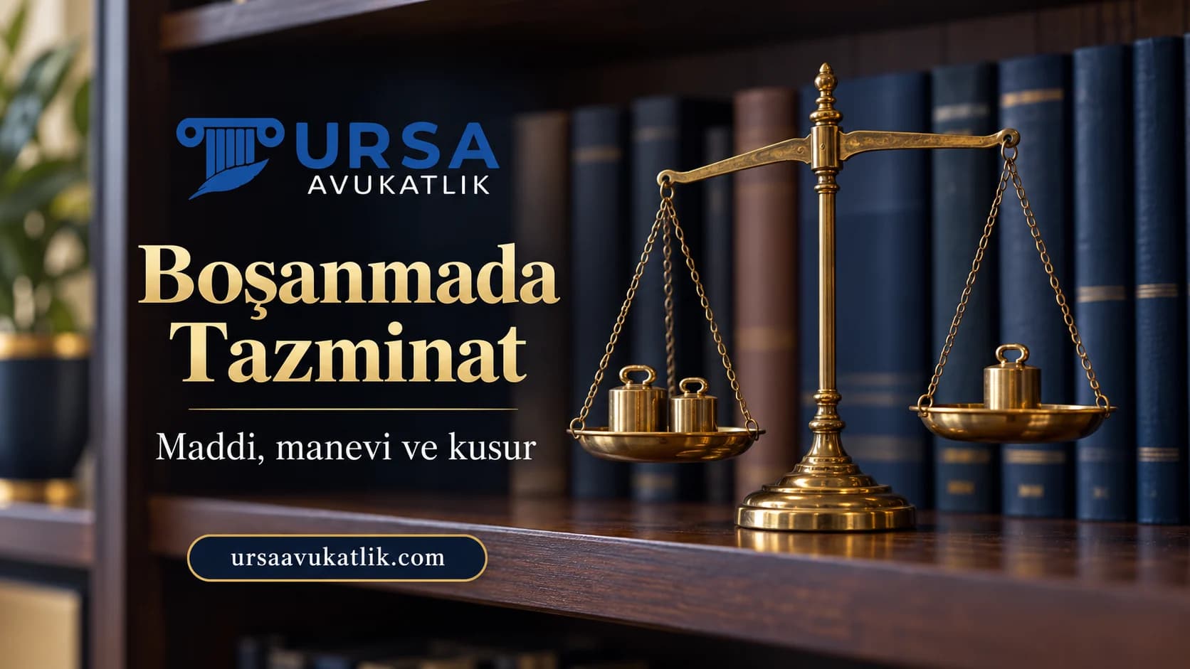 Kitaplık rafında bir yana eğik pirinç terazi ile boşanmada kusura göre maddi ve manevi tazminat