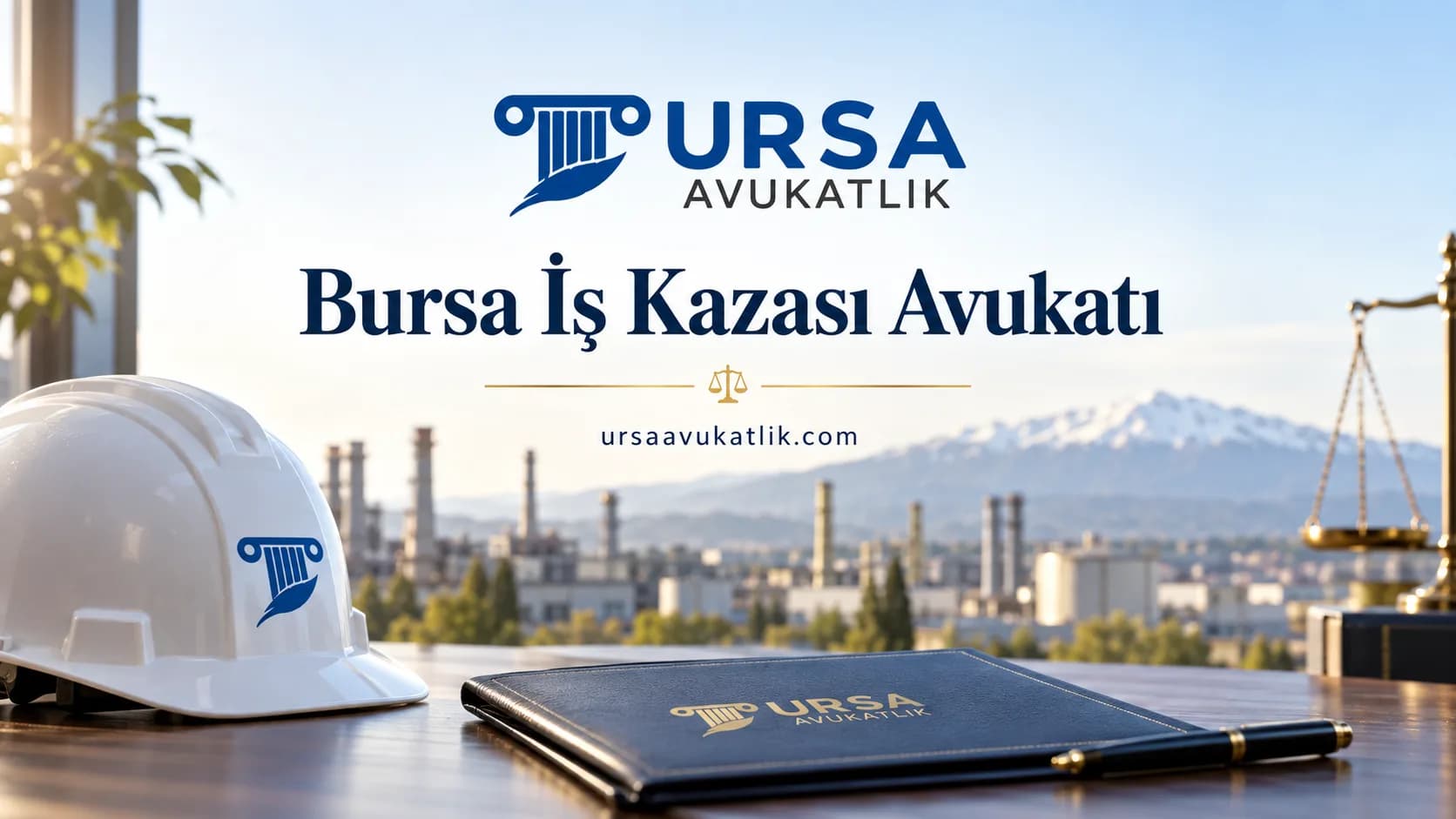Sanayi tesisi önünde baret ve dosya ile Bursa'da iş kazası hukuki süreçlerini simgeleyen kapak görseli