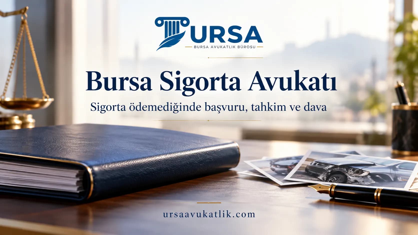 Poliçe dosyası ve hasar fotoğrafları ile sigorta uyuşmazlığını simgeleyen kapak görseli