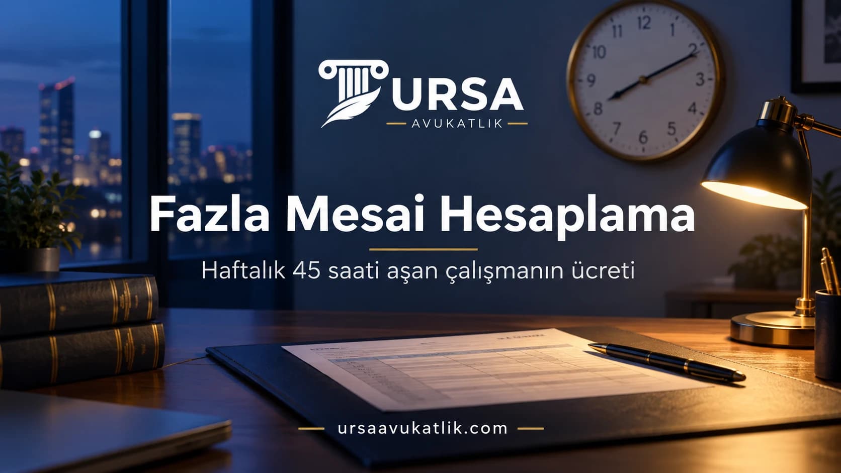 Akşam saatinde masa lambası ve saat ile fazla mesai hesabını simgeleyen kapak görseli