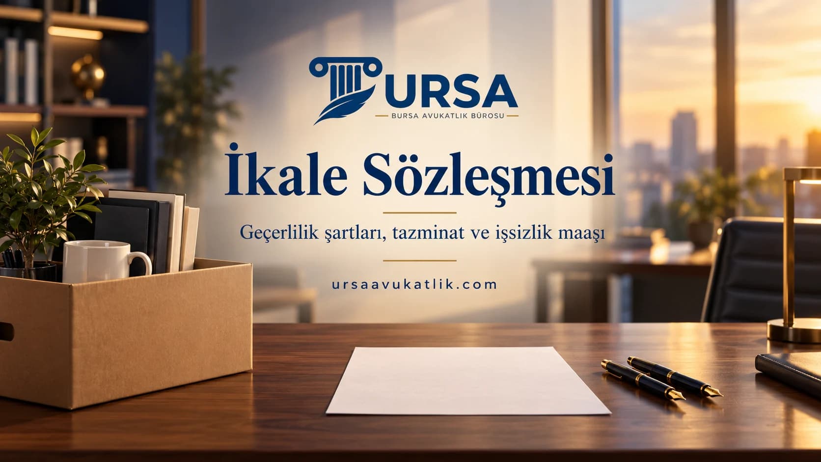 Toplanmış ofis masasında eşya kutusu, tek sayfa ve yan yana iki dolma kalem ile iş sözleşmesinin karşılıklı anlaşmayla sona ermesini simgeleyen kapak görseli