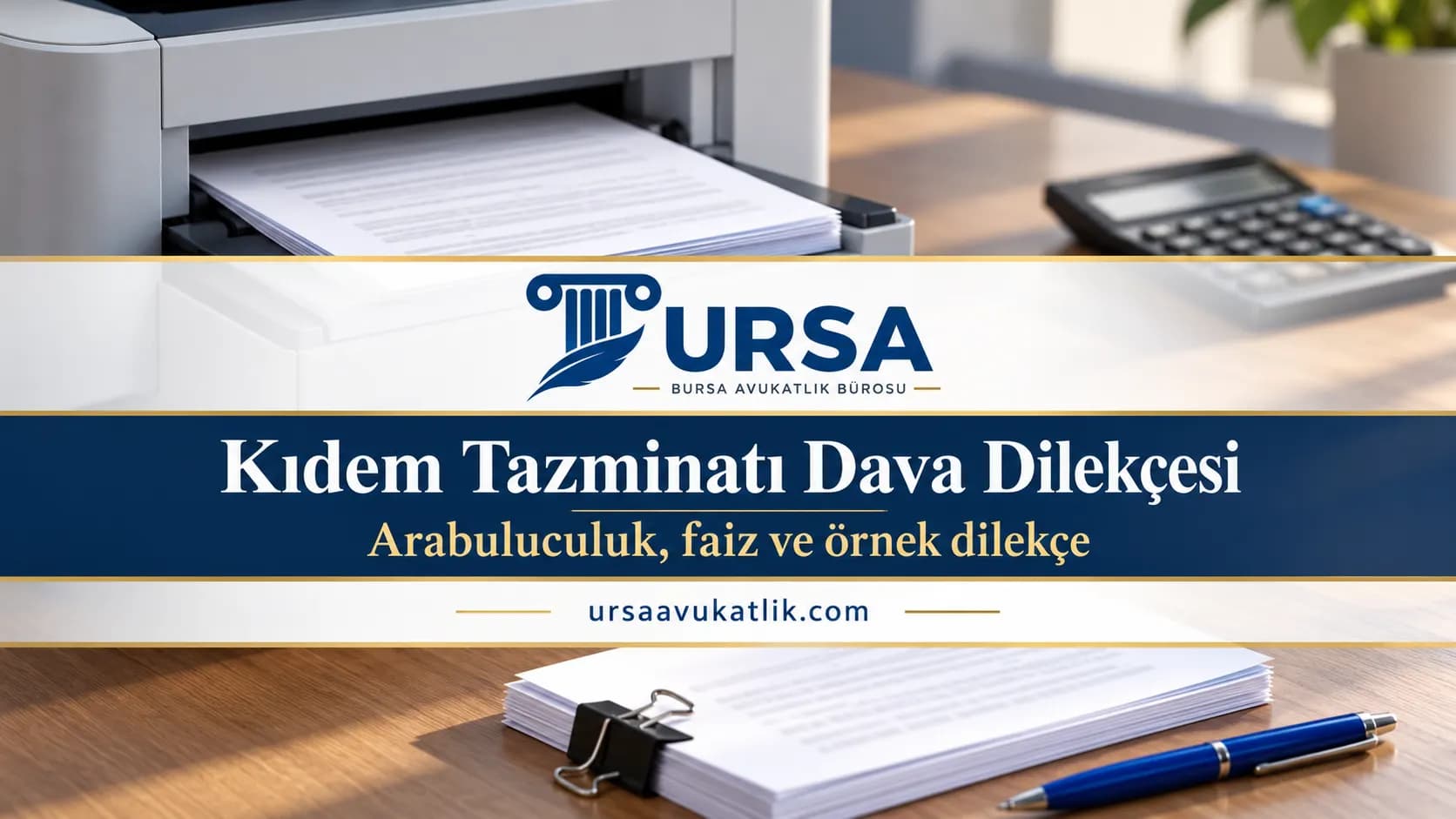 Yazıcı tepsisinde yeni basılmış sayfalar, kıskaçlı sayfa destesi ve mavi kalemle kıdem tazminatı dava dilekçesi