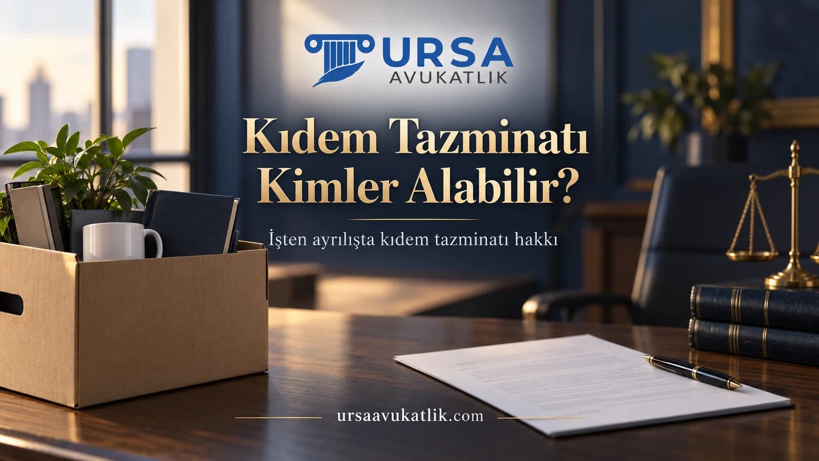 Ofis masasında eşya kutusu ve belge ile işten ayrılışta kıdem tazminatı hakkını simgeleyen kapak görseli
