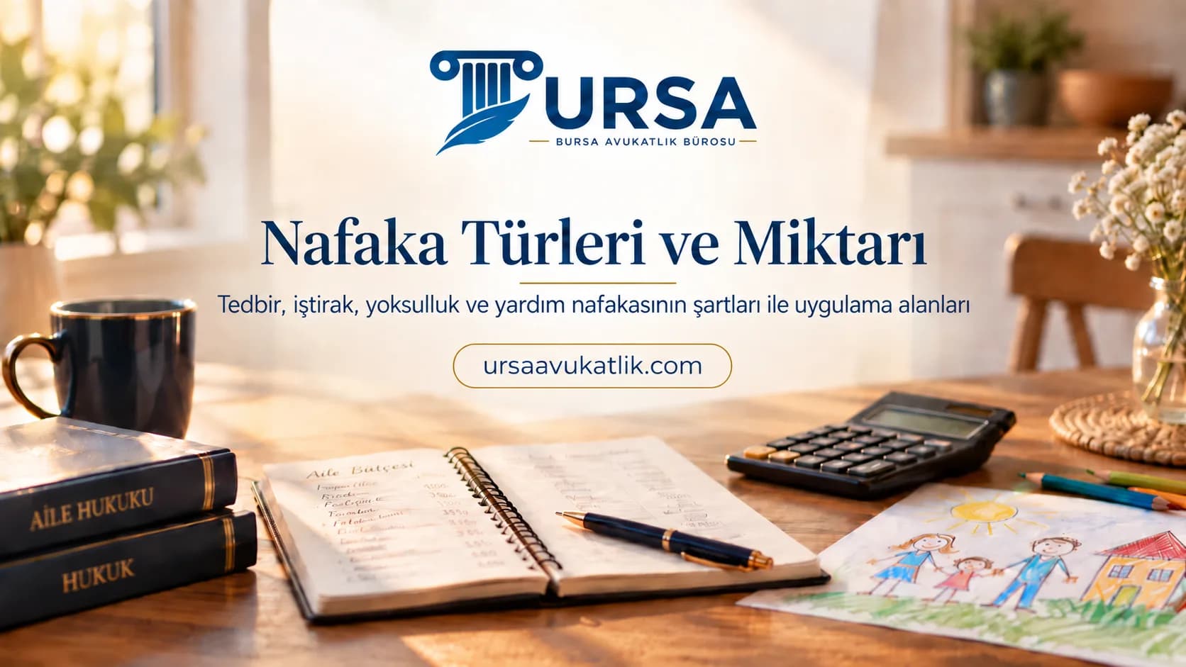 Bütçe defteri, hesap makinesi ve çocuk çizimi ile nafaka türlerini simgeleyen kapak görseli