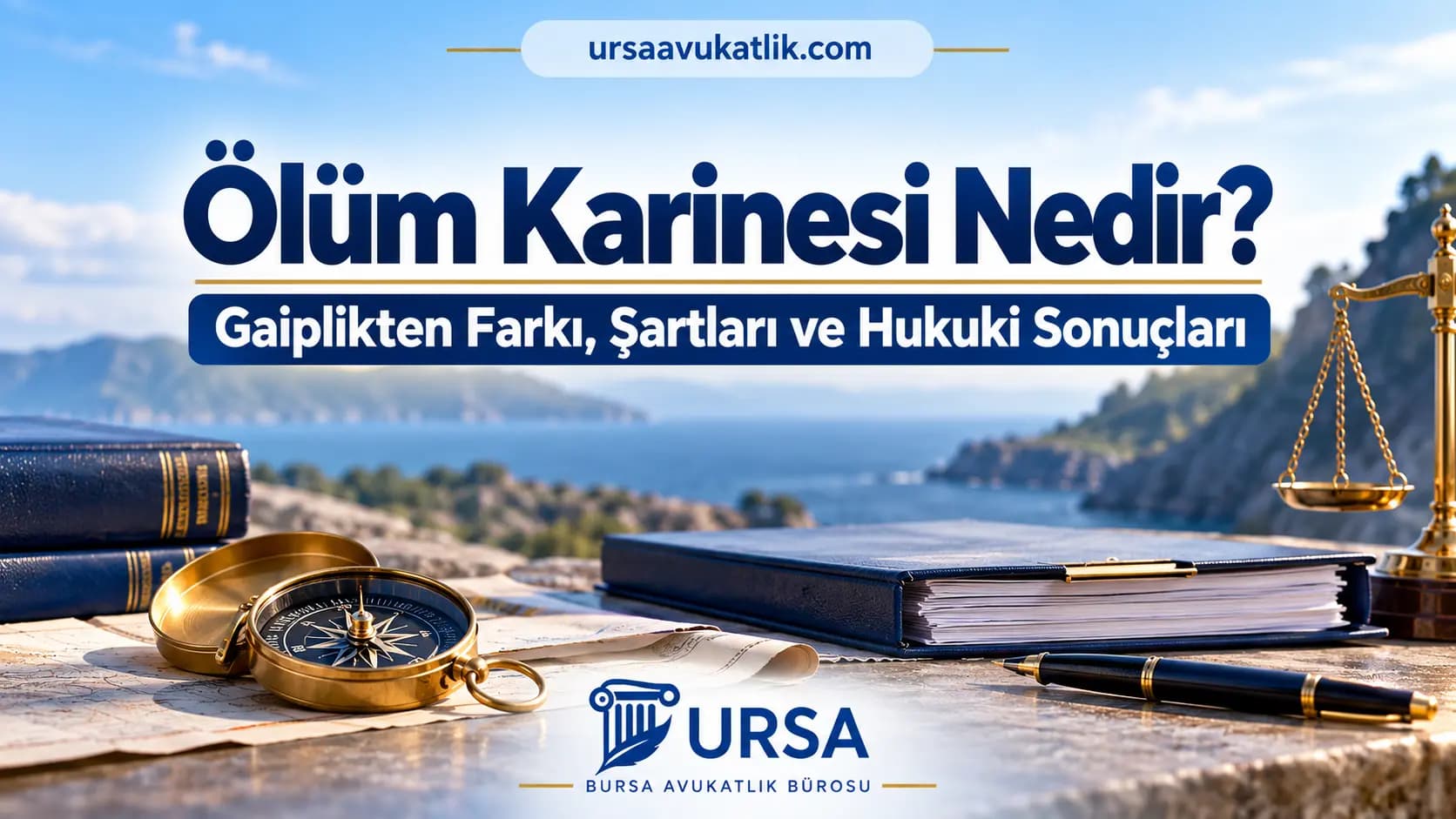 Ölüm karinesinin gaiplikten farkını, şartlarını ve hukuki sonuçlarını anlatan hukuk bürosu görünümü