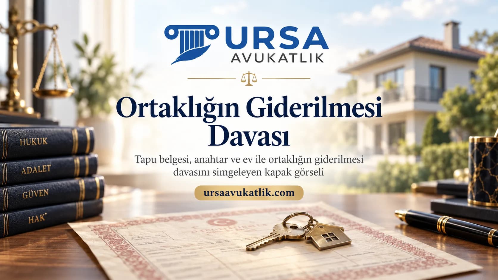 Tapu belgesi, anahtar ve ev ile ortaklığın giderilmesi davasını simgeleyen kapak görseli