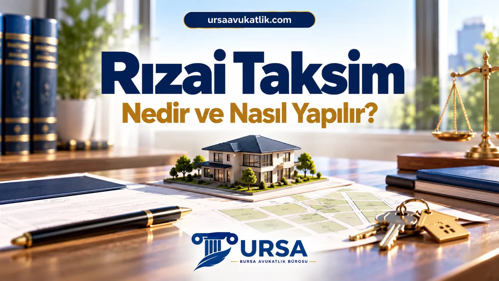 Rızai taksim konusunda parsel planı, ev maketi, anahtar ve hukuk kitapları