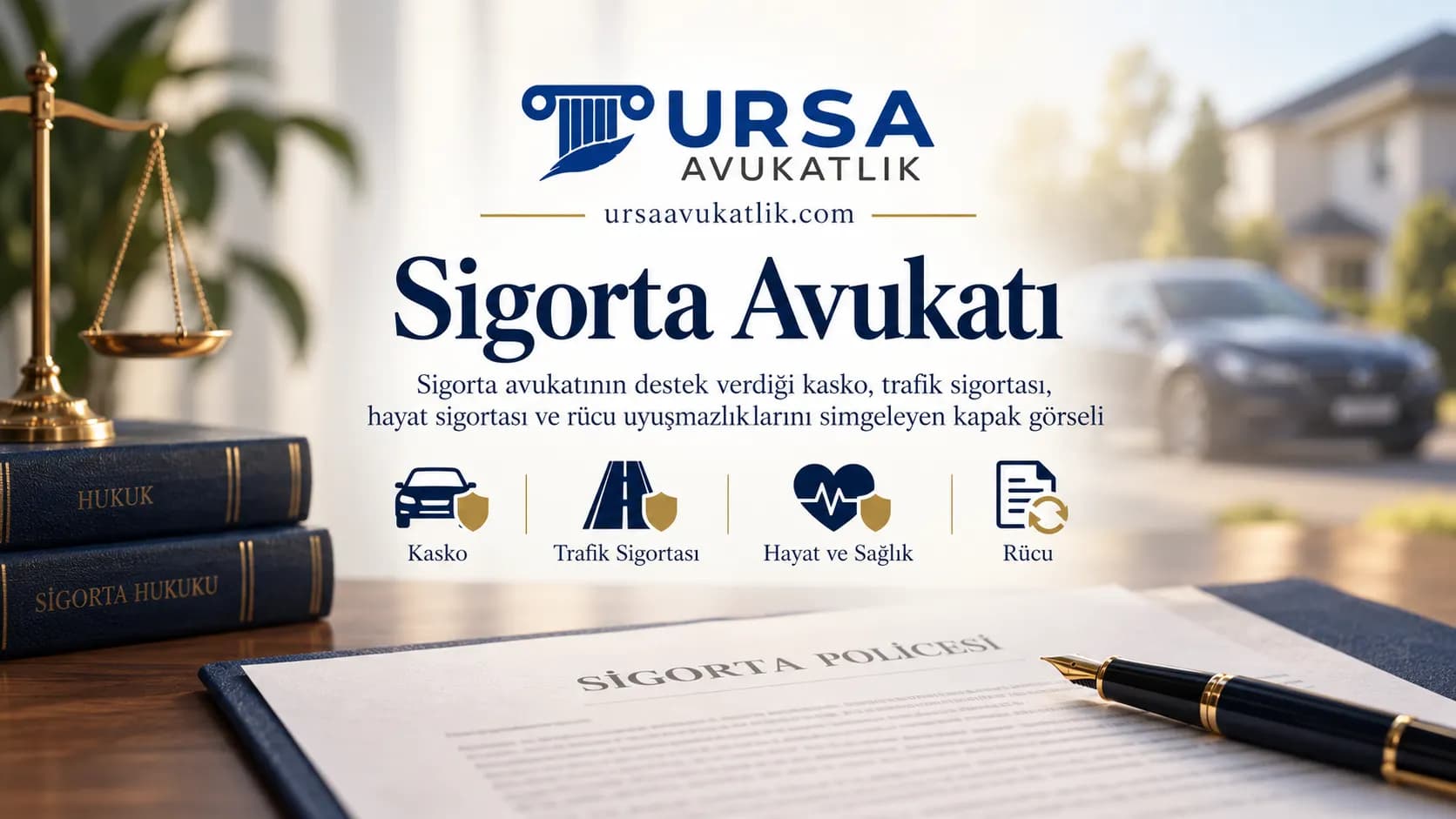 Sigorta avukatının destek verdiği kasko, trafik sigortası, hayat sigortası ve rücu uyuşmazlıklarını simgeleyen kapak görseli
