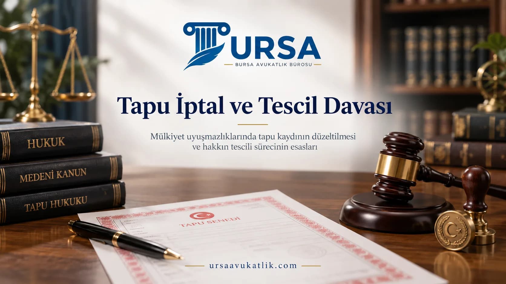 Tapu belgesi ve hâkim tokmağı ile tapu iptal ve tescil davasını simgeleyen kapak görseli