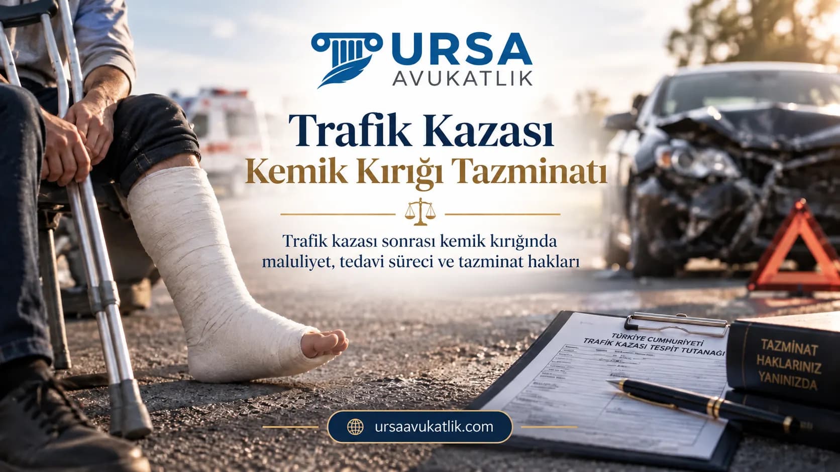 Alçılı bacak, kaza yapmış araç ve tespit tutanağı ile trafik kazasında kemik kırığı tazminatını simgeleyen kapak görseli