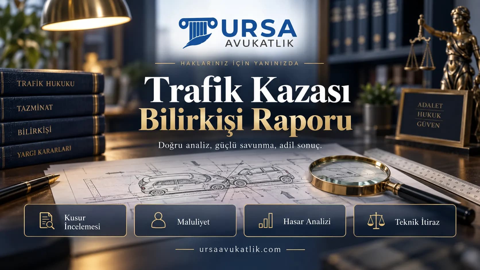 Kaza krokisi ve büyüteç ile trafik kazası bilirkişi raporunu simgeleyen kapak görseli