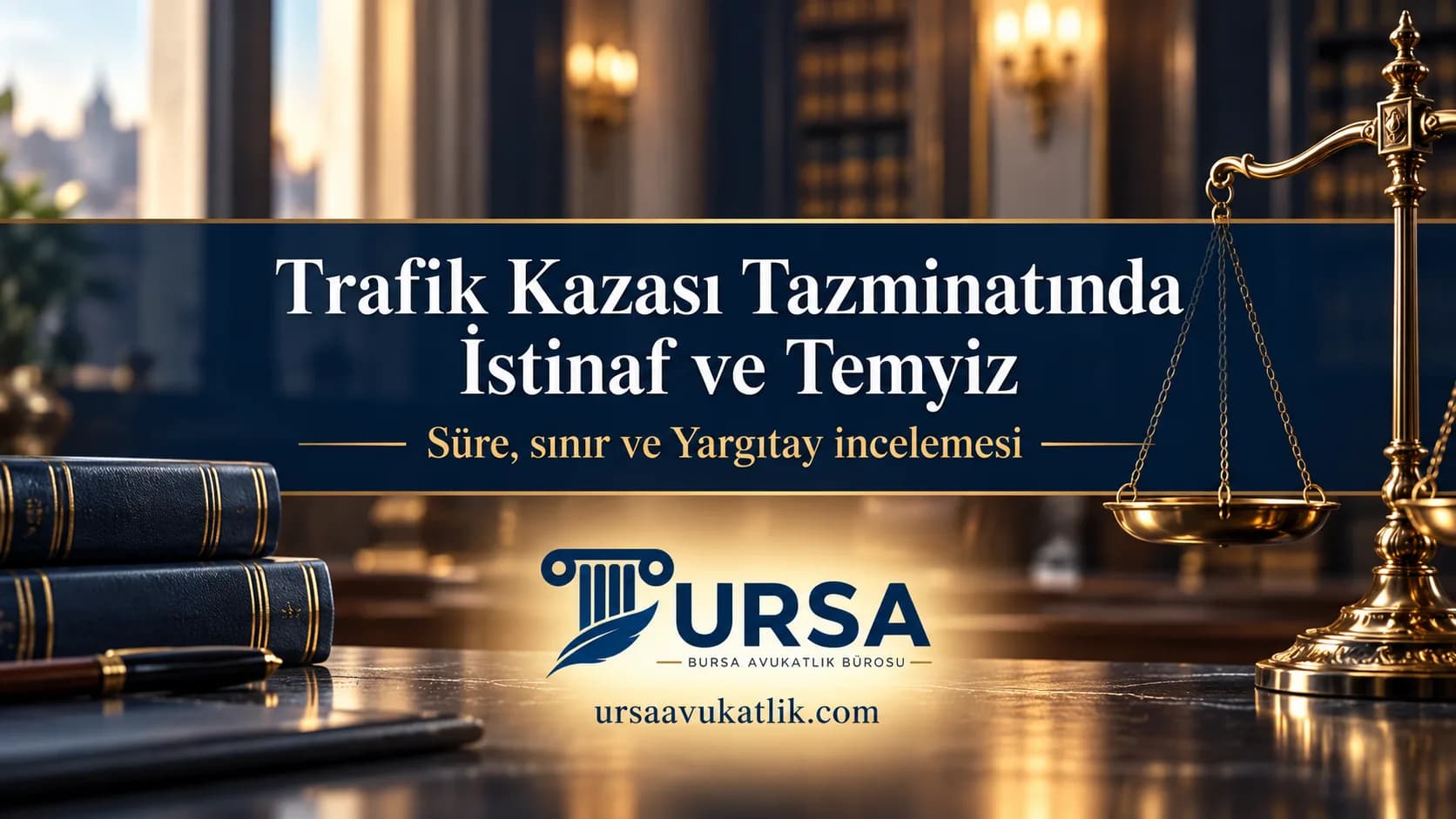 Trafik kazası tazminatında istinaf ve temyiz süreci için hukuk kütüphanesi ve terazi