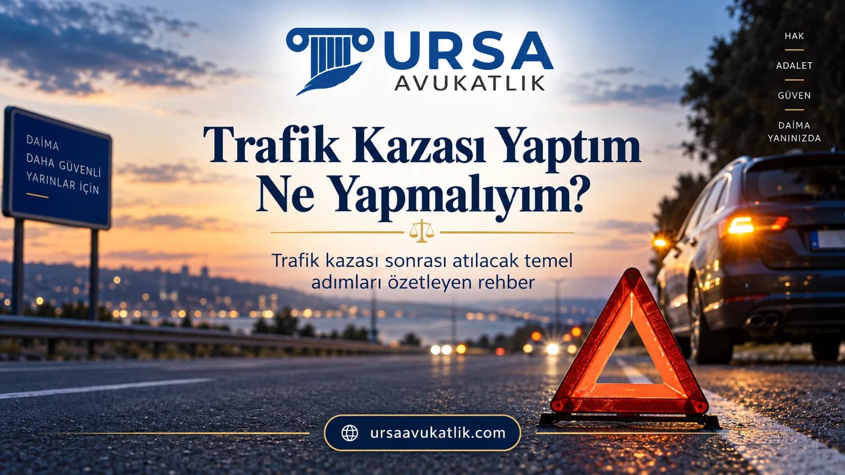 Yol kenarında dörtlüleri yanan araç ve reflektör üçgeni ile trafik kazası sonrası yapılacakları simgeleyen kapak görseli