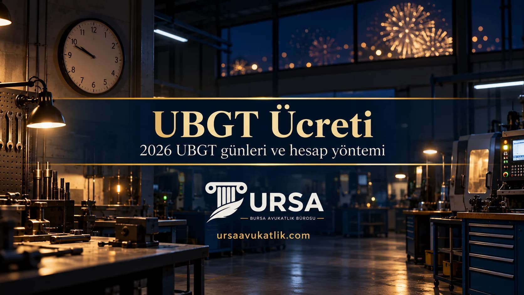 Gece boş bir atölyede yanan makine ışıkları ve pencereden görünen havai fişekler ile ulusal bayram ve genel tatil çalışma ücretini simgeleyen kapak görseli
