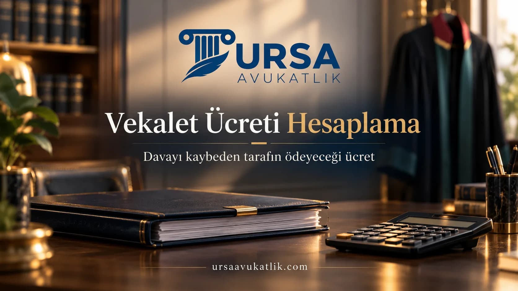 Dava dosyası, hesap makinesi ve avukat cübbesi ile vekâlet ücreti hesabını simgeleyen kapak görseli